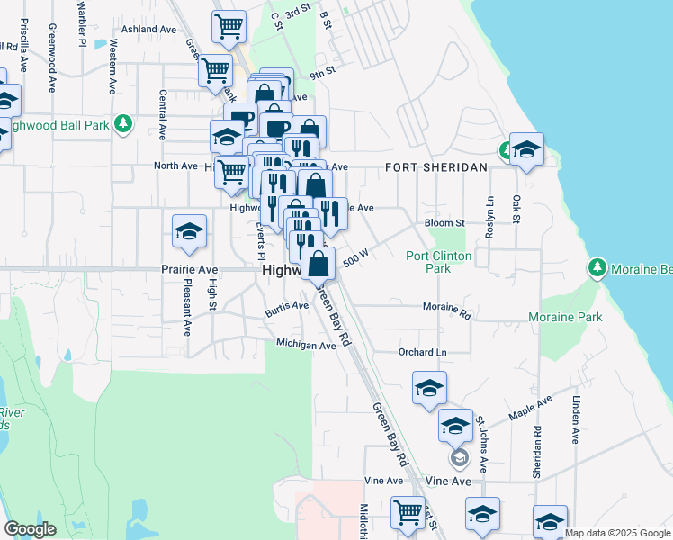 map of restaurants, bars, coffee shops, grocery stores, and more near Waukegan Ave & Bloom St in Highland Park