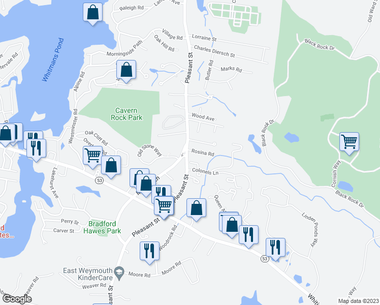 map of restaurants, bars, coffee shops, grocery stores, and more near 961 Pleasant Street in Weymouth