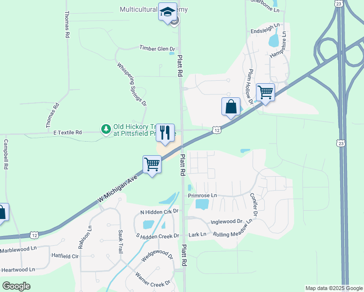 map of restaurants, bars, coffee shops, grocery stores, and more near W Michigan Ave & Platt Rd in Pittsfield