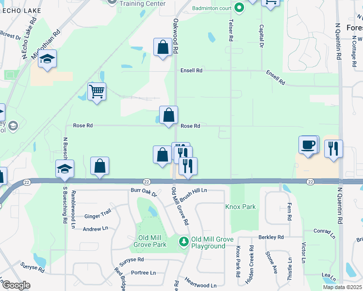 map of restaurants, bars, coffee shops, grocery stores, and more near 130 Oakwood Road in Lake Zurich