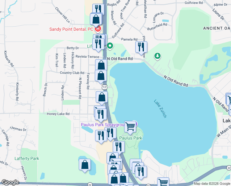 map of restaurants, bars, coffee shops, grocery stores, and more near 231 Sandy Point Lane in Lake Zurich