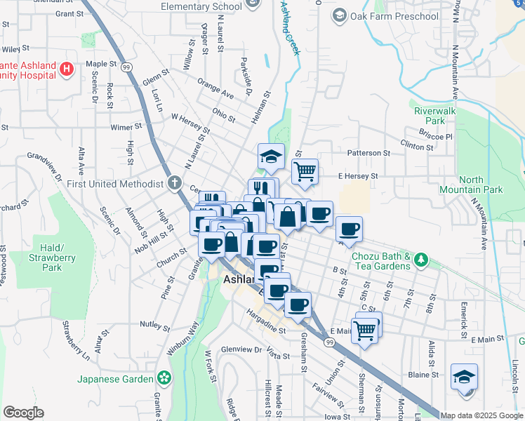 map of restaurants, bars, coffee shops, grocery stores, and more near 287 Oak Street in Ashland