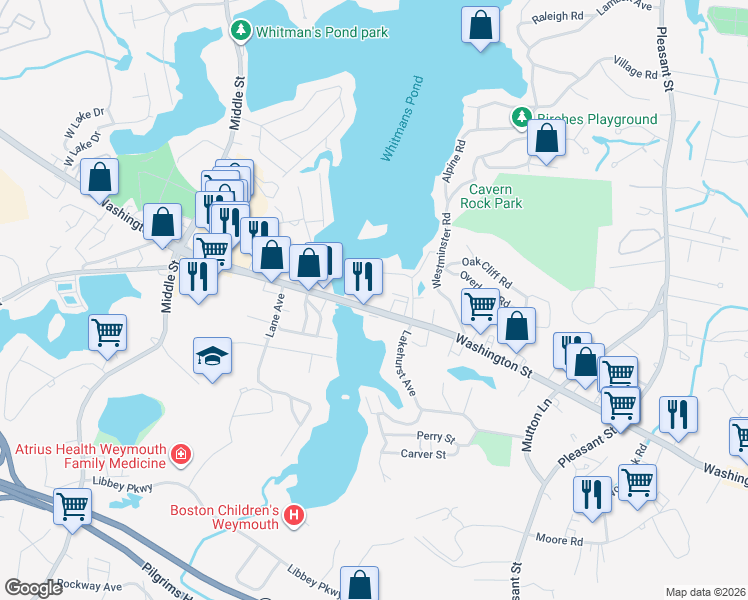 map of restaurants, bars, coffee shops, grocery stores, and more near 986 Washington Street in Weymouth