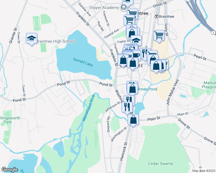 map of restaurants, bars, coffee shops, grocery stores, and more near 20 Pond Street in Braintree