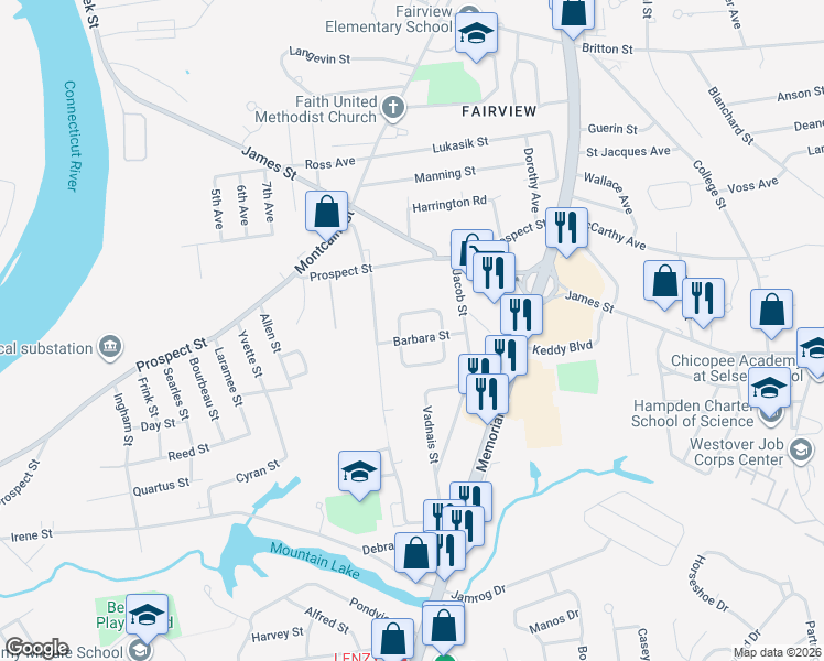 map of restaurants, bars, coffee shops, grocery stores, and more near 5 Boulay Circle in Chicopee