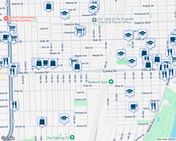 map of restaurants, bars, coffee shops, grocery stores, and more near 1063 Eureka Road in Wyandotte