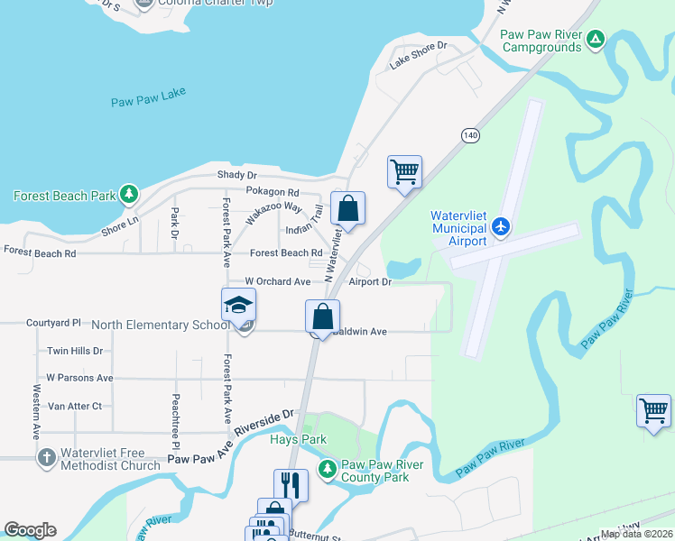 map of restaurants, bars, coffee shops, grocery stores, and more near 4844 North Watervliet Road in Watervliet