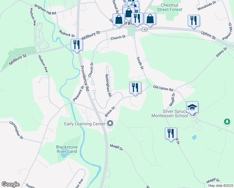 map of restaurants, bars, coffee shops, grocery stores, and more near 62 Londonderry Road in Grafton