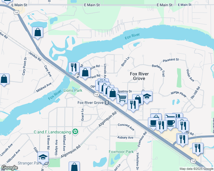 map of restaurants, bars, coffee shops, grocery stores, and more near 219 Lincoln Avenue in Fox River Grove