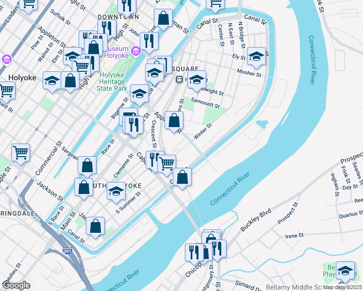 map of restaurants, bars, coffee shops, grocery stores, and more near 109 Winter Street in Holyoke