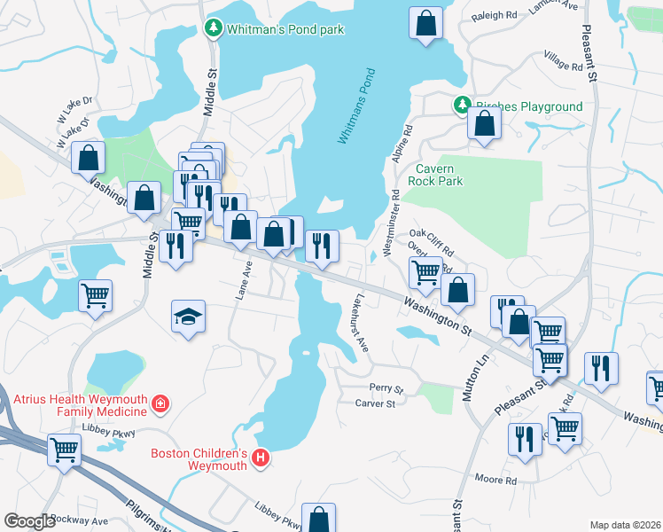 map of restaurants, bars, coffee shops, grocery stores, and more near 986 Washington Street in Weymouth