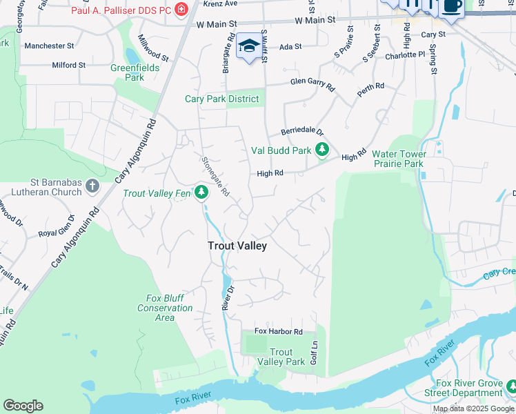 map of restaurants, bars, coffee shops, grocery stores, and more near 16 River Drive in Cary