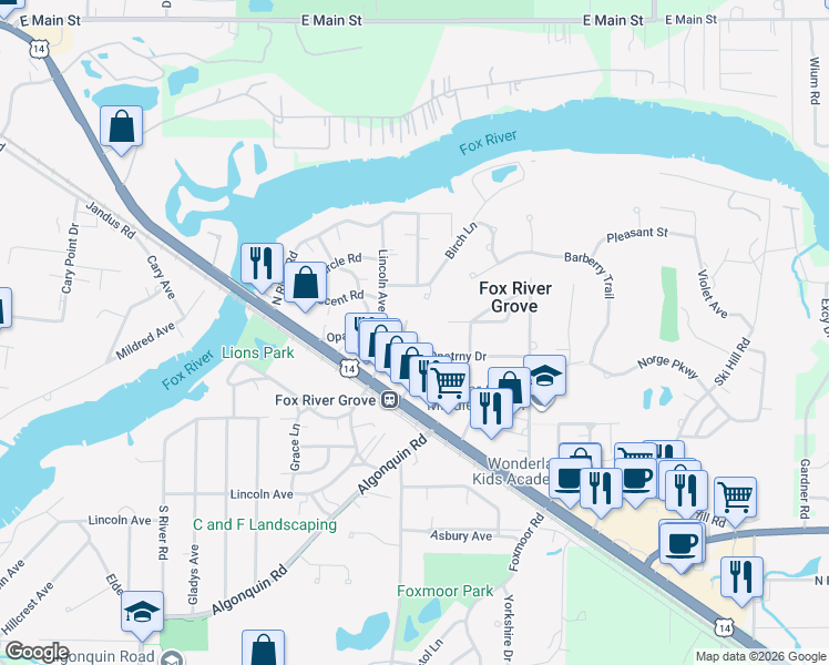 map of restaurants, bars, coffee shops, grocery stores, and more near 300 Opatrny Drive in Fox River Grove