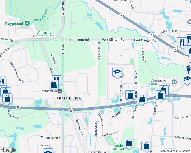 map of restaurants, bars, coffee shops, grocery stores, and more near 23152 North Apple Hill Lane in Lake County