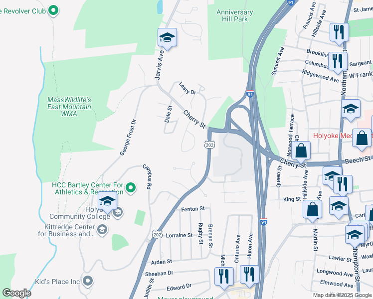 map of restaurants, bars, coffee shops, grocery stores, and more near 20 Maple Crest Circle in Holyoke