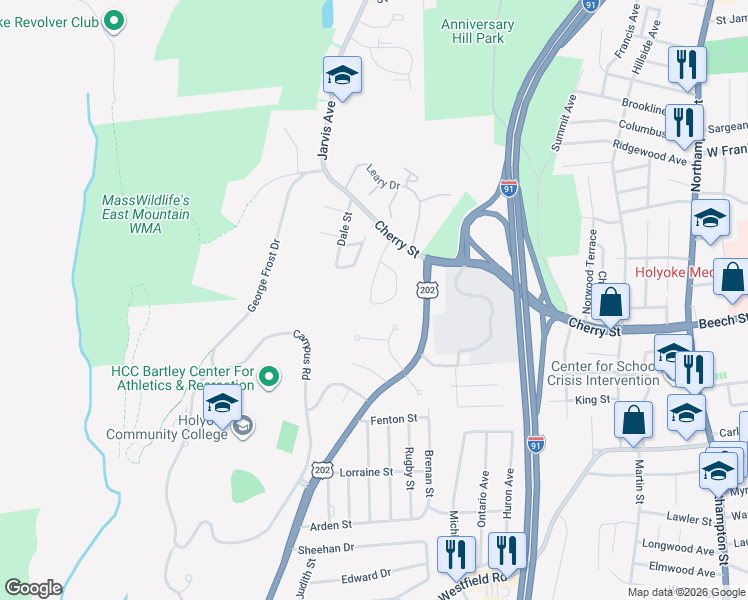 map of restaurants, bars, coffee shops, grocery stores, and more near 8 Maple Crest Circle in Holyoke