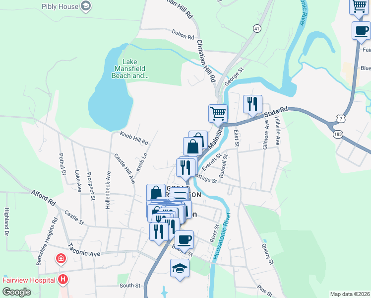 map of restaurants, bars, coffee shops, grocery stores, and more near 119 Railroad Avenue in Great Barrington
