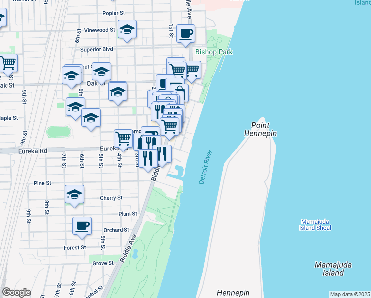 map of restaurants, bars, coffee shops, grocery stores, and more near 3301 Biddle Avenue in Wyandotte