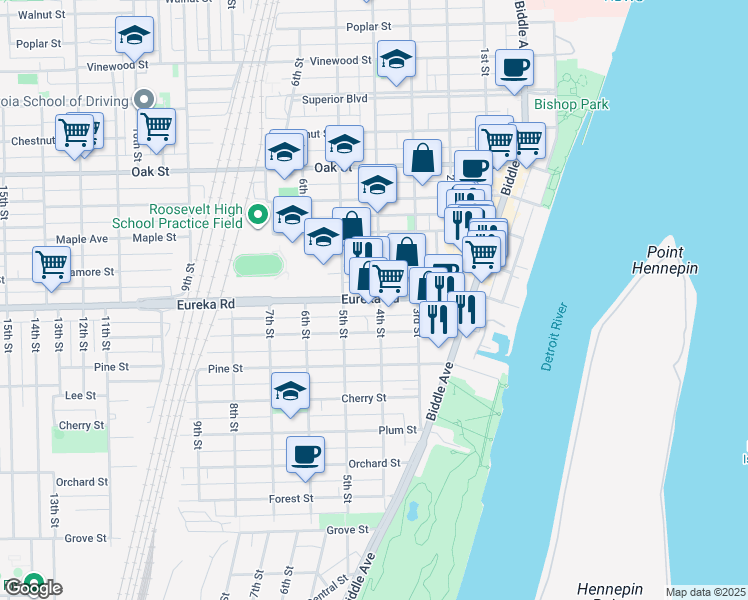 map of restaurants, bars, coffee shops, grocery stores, and more near 467 Eureka Road in Wyandotte