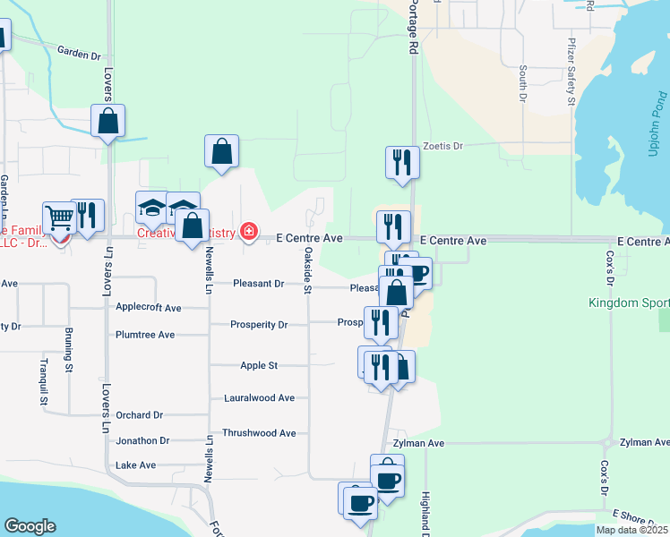 map of restaurants, bars, coffee shops, grocery stores, and more near 2213 Pleasant Drive in Portage