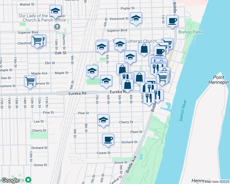 map of restaurants, bars, coffee shops, grocery stores, and more near 540 Eureka Road in Wyandotte