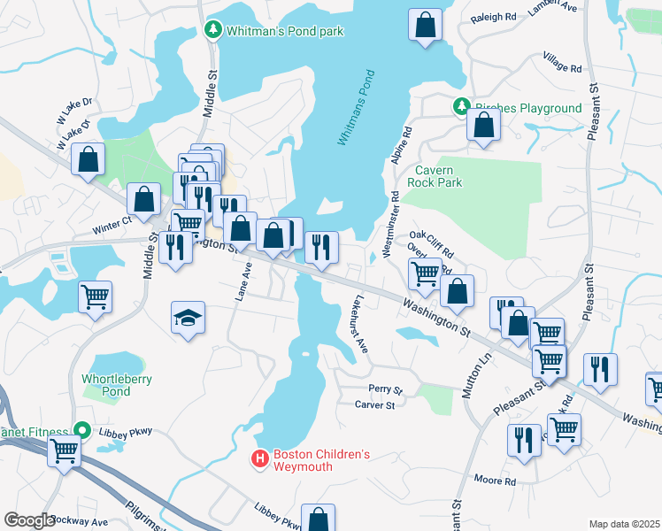 map of restaurants, bars, coffee shops, grocery stores, and more near 986 Washington Street in Weymouth