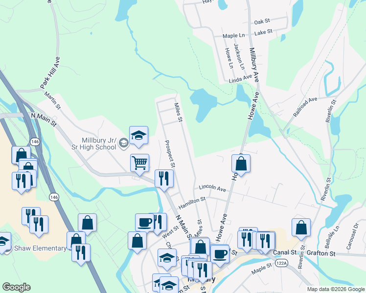 map of restaurants, bars, coffee shops, grocery stores, and more near 60 Miles Street in Millbury