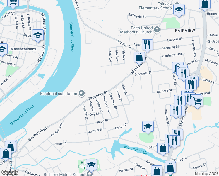 map of restaurants, bars, coffee shops, grocery stores, and more near 505 Prospect Street in Chicopee