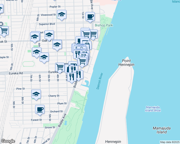 map of restaurants, bars, coffee shops, grocery stores, and more near 3301 Biddle Avenue in Wyandotte