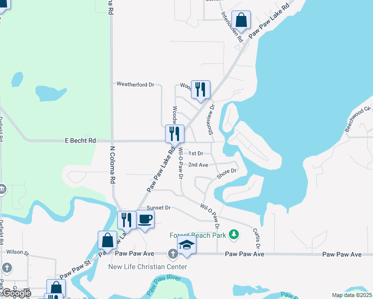 map of restaurants, bars, coffee shops, grocery stores, and more near 4851 Wil-O-Paw Drive in Coloma