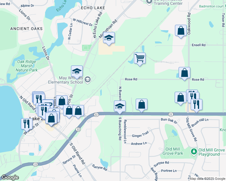 map of restaurants, bars, coffee shops, grocery stores, and more near 105 North Buesching Road in Lake Zurich