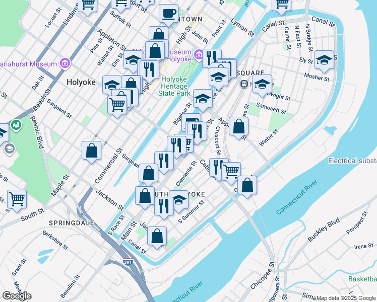 map of restaurants, bars, coffee shops, grocery stores, and more near 338 Main Street in Holyoke