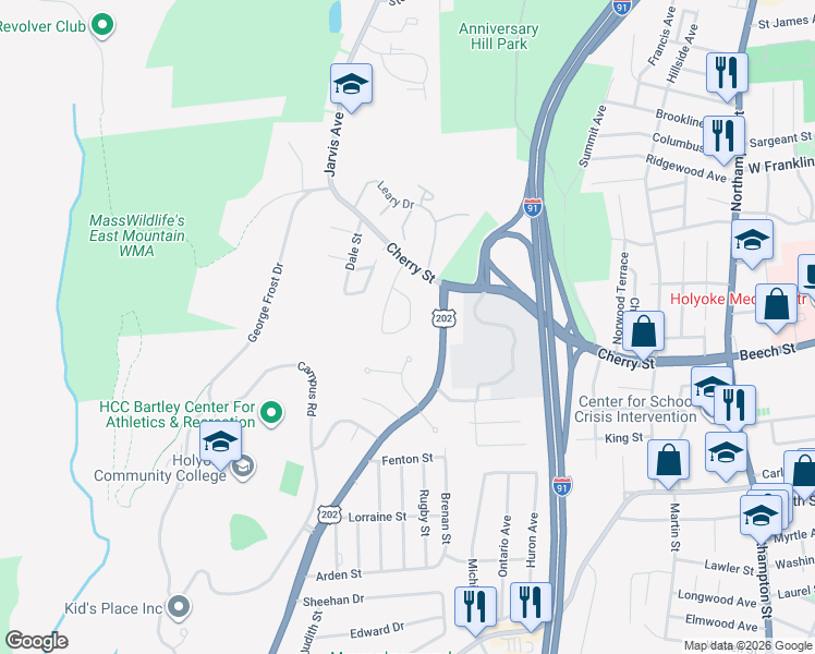 map of restaurants, bars, coffee shops, grocery stores, and more near 38 Maple Crest Circle in Holyoke