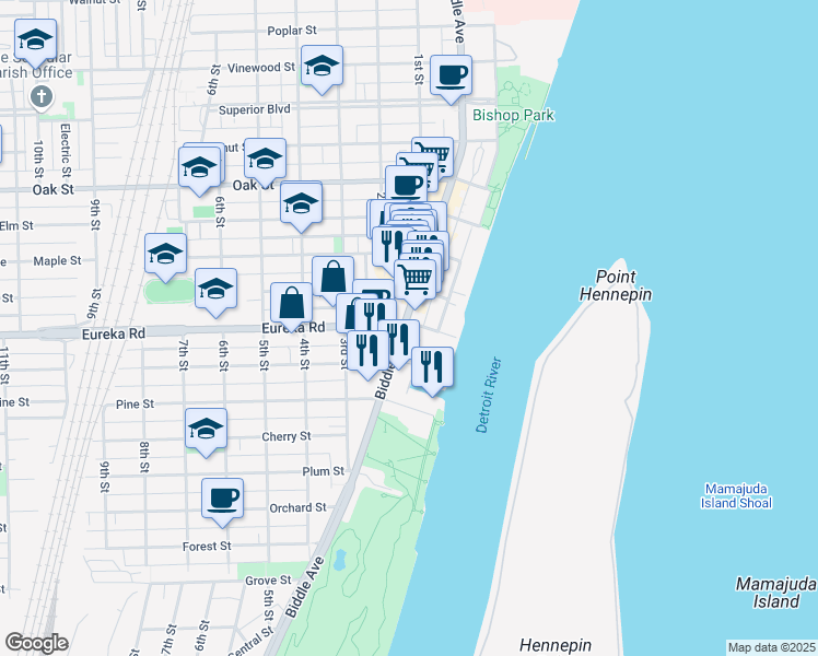 map of restaurants, bars, coffee shops, grocery stores, and more near 3301 Biddle Avenue in Wyandotte