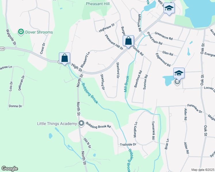 map of restaurants, bars, coffee shops, grocery stores, and more near 162 Stanford Drive in Westwood