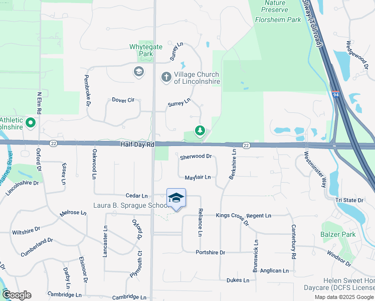 map of restaurants, bars, coffee shops, grocery stores, and more near 23 Sherwood Drive in Lincolnshire