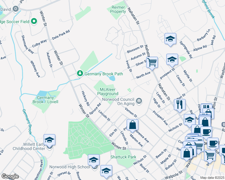 map of restaurants, bars, coffee shops, grocery stores, and more near 325 Vernon Street in Norwood