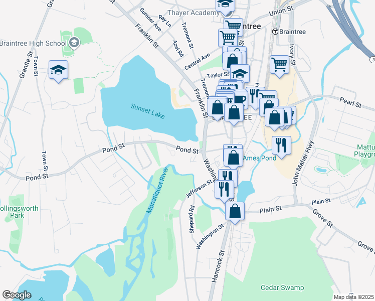 map of restaurants, bars, coffee shops, grocery stores, and more near 20 Pond Street in Braintree