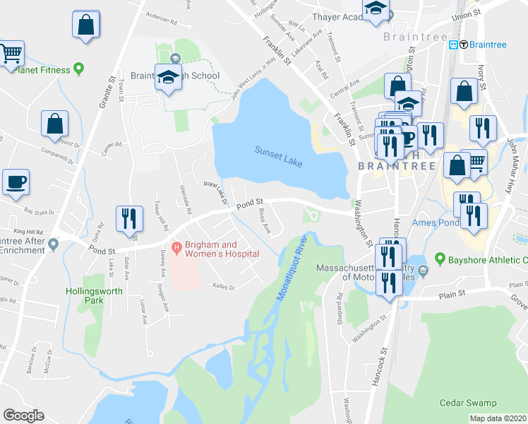 map of restaurants, bars, coffee shops, grocery stores, and more near 20 Rose Avenue in Braintree