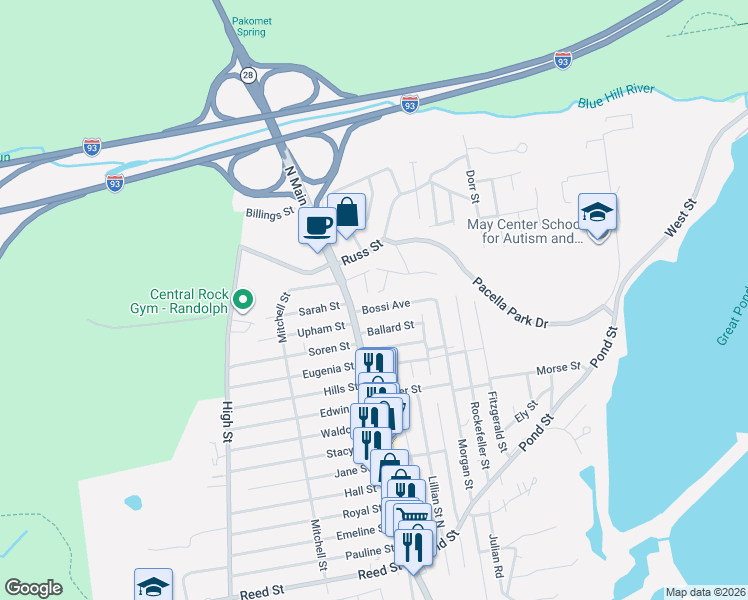 map of restaurants, bars, coffee shops, grocery stores, and more near 7 Bossi Avenue in Randolph