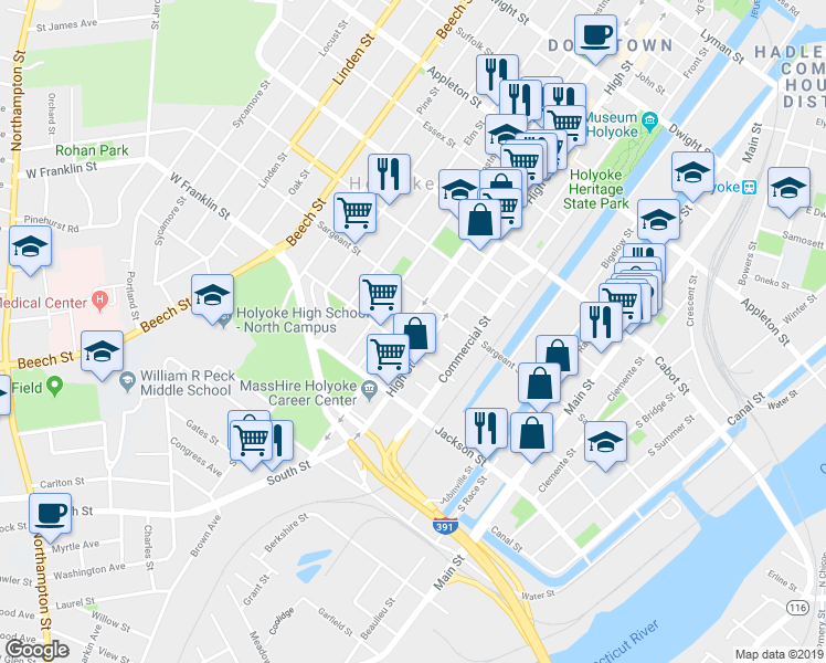 map of restaurants, bars, coffee shops, grocery stores, and more near 729 High Street in Holyoke