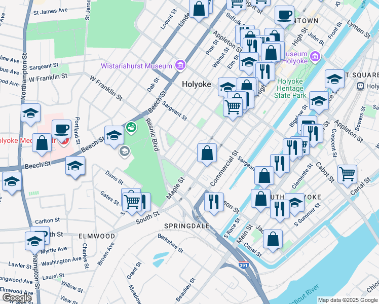map of restaurants, bars, coffee shops, grocery stores, and more near 475 Maple Street in Holyoke