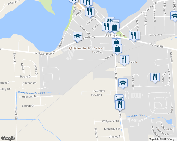 map of restaurants, bars, coffee shops, grocery stores, and more near 327 Davis Street in Belleville