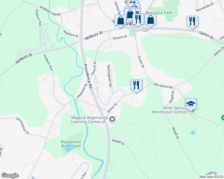 map of restaurants, bars, coffee shops, grocery stores, and more near 62 Londonderry Road in Grafton