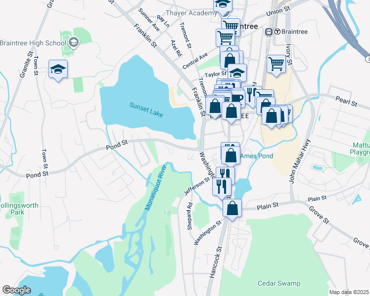 map of restaurants, bars, coffee shops, grocery stores, and more near 29 Pond Street in Braintree
