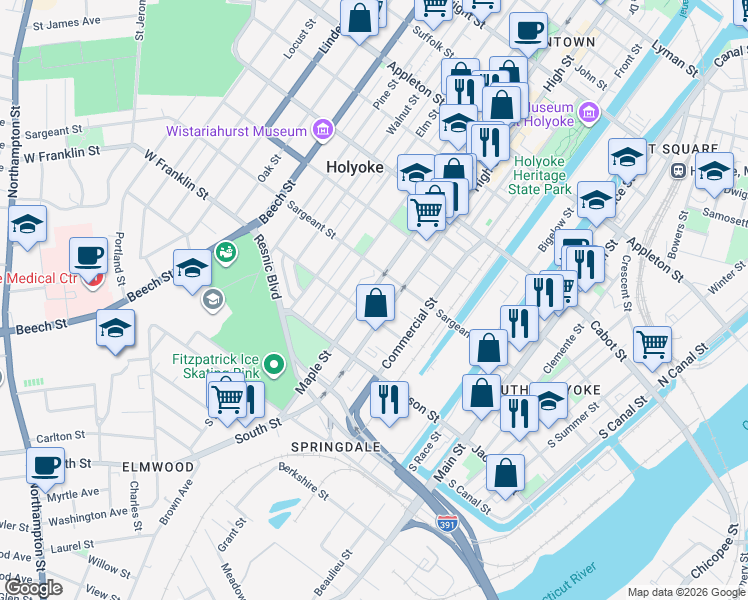 map of restaurants, bars, coffee shops, grocery stores, and more near 456 Maple Street in Holyoke