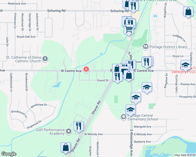 map of restaurants, bars, coffee shops, grocery stores, and more near 507 Grand Street in Portage