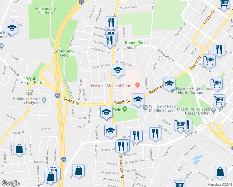 map of restaurants, bars, coffee shops, grocery stores, and more near 18-20 Corser Street in Holyoke