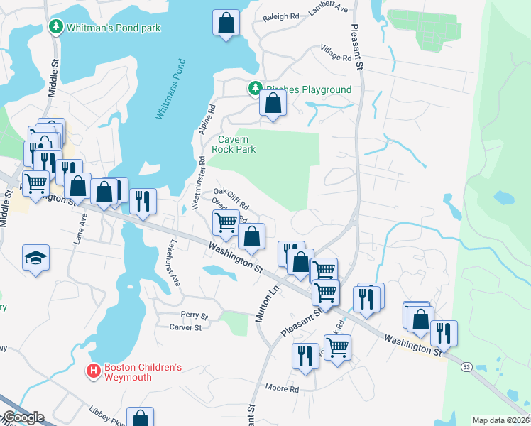 map of restaurants, bars, coffee shops, grocery stores, and more near 30 Chapman Street in Weymouth