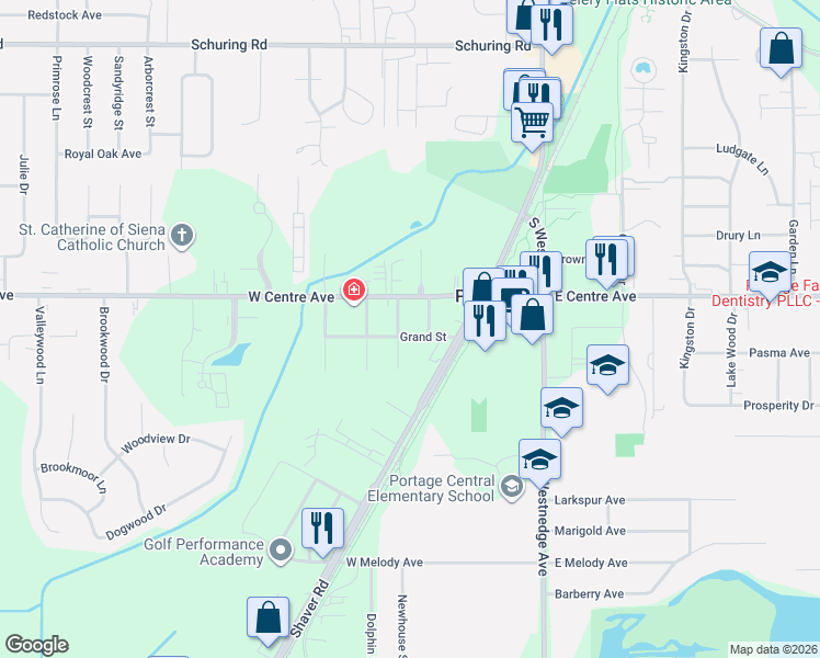map of restaurants, bars, coffee shops, grocery stores, and more near 504 Grand Street in Portage